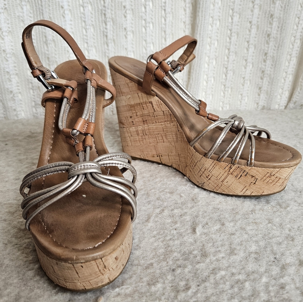 Coach Leather Pewter Georgiana Cork 5 inch Wedge Heels Size 8